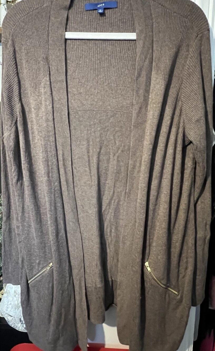 Apt 9 Mocha Coffee Cardigan Sweater Size XL with Gold Zippered Pockets